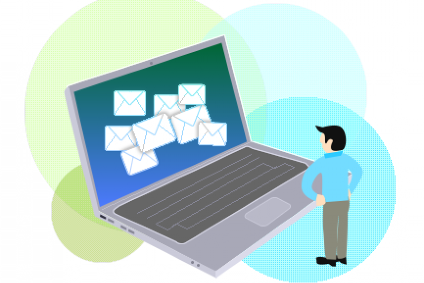 Ilustración un hombre diminuto viendo su computadora portatil con mensajes de correo
